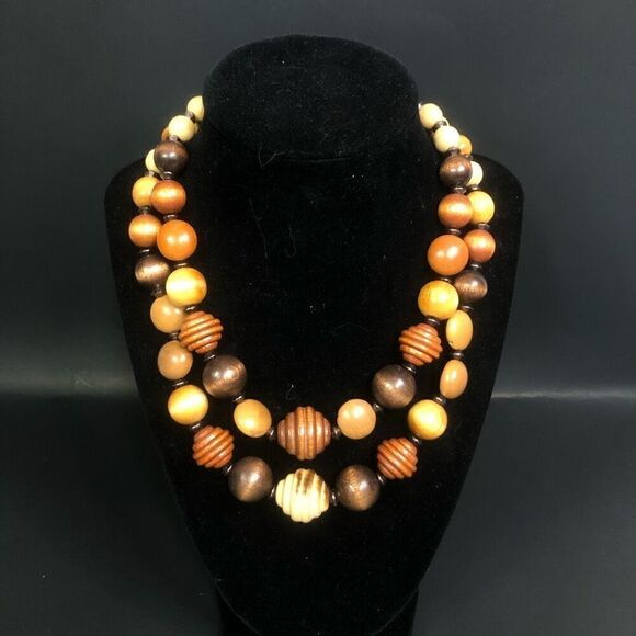 vintage double strand wooden beaded necklace adjustable boho hippie neutral - Picture 1 of 6